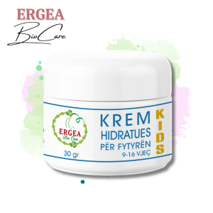 White jar of ERGEA Bio Care moisturizing face cream for ages 9–16, with a colorful label and logo on a watercolor backdrop.