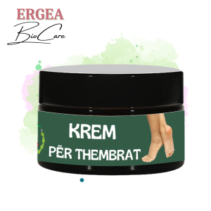 Dark jar of heel cream with a green label reading 'KREM PËR THEMBRAT' and a feet illustration; ERGEA BioCare branding at top left.