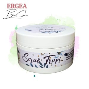 White cosmetic scrub jar with a floral label reading 'Scrub Trupi' on a pastel watercolor background; ERGEA BioCare logo appears in the top-left corner.