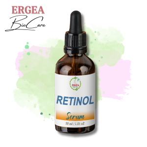 Dropper bottle of Retinol Serum by ERGEA Bio Care, with watercolor green and pink backdrop and logo on the label (30 ml).