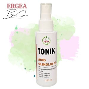 White spray bottle labeled 'TONIK ACID GLIKOLIK 5%' with ERGEA logo, set against pastel watercolor splash background; a skin-care glycolic acid toner.