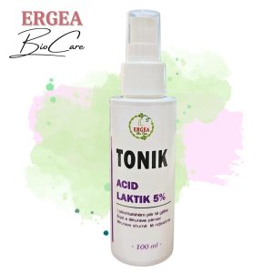 White spray bottle labeled TONIK Acid Laktik 5% with Ergea Bio Care logo, 100 ml, set against a pastel green and pink watercolor background.