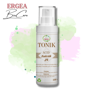 White spray bottle labeled TONIK ACID Salicilik 2% by ERGEA Bio Care, set against a pastel green and pink watercolor backdrop.