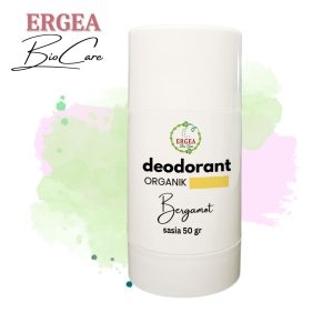 White deodorant stick featuring the label 'deodorant ORGANIK Bergamot' with 'sasja 50 gr', set against pastel watercolor background and ERGEA BioCare logo in the corner.