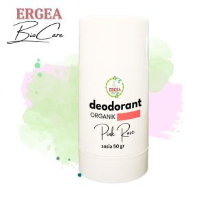 Deodorant stick labeled Ergea BioCare Organic Pink Rose, 50 g, with pastel green/pink splash background