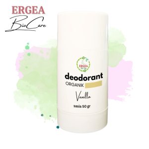 Deodorant stick labeled ERGEA Bio Care Organic Vanilla, 50 g, white bottle with green logo and pastel splash background